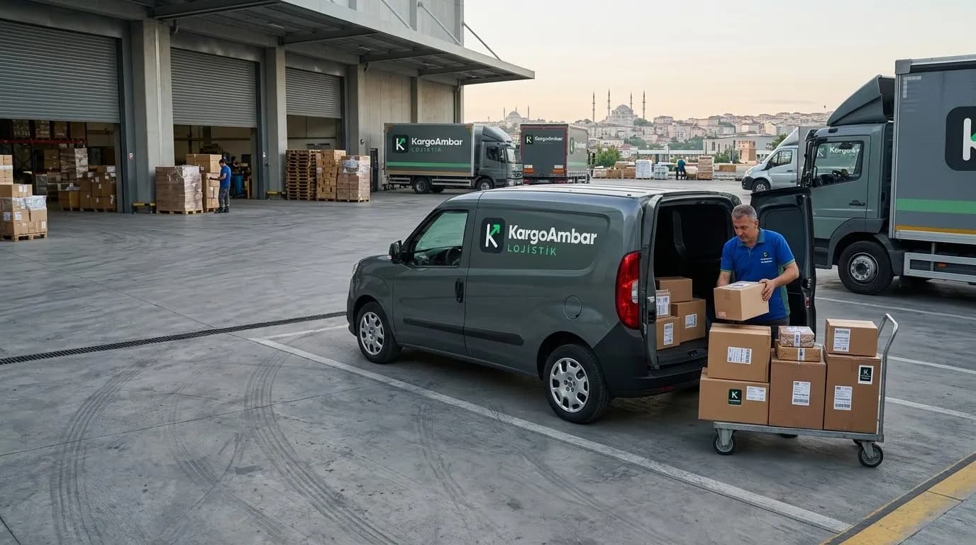 Depo sahasında KargoAmbar hafif ticari aracına koliler yükleniyor, arkada İstanbul silueti – Şişli parsiyel taşımacılık