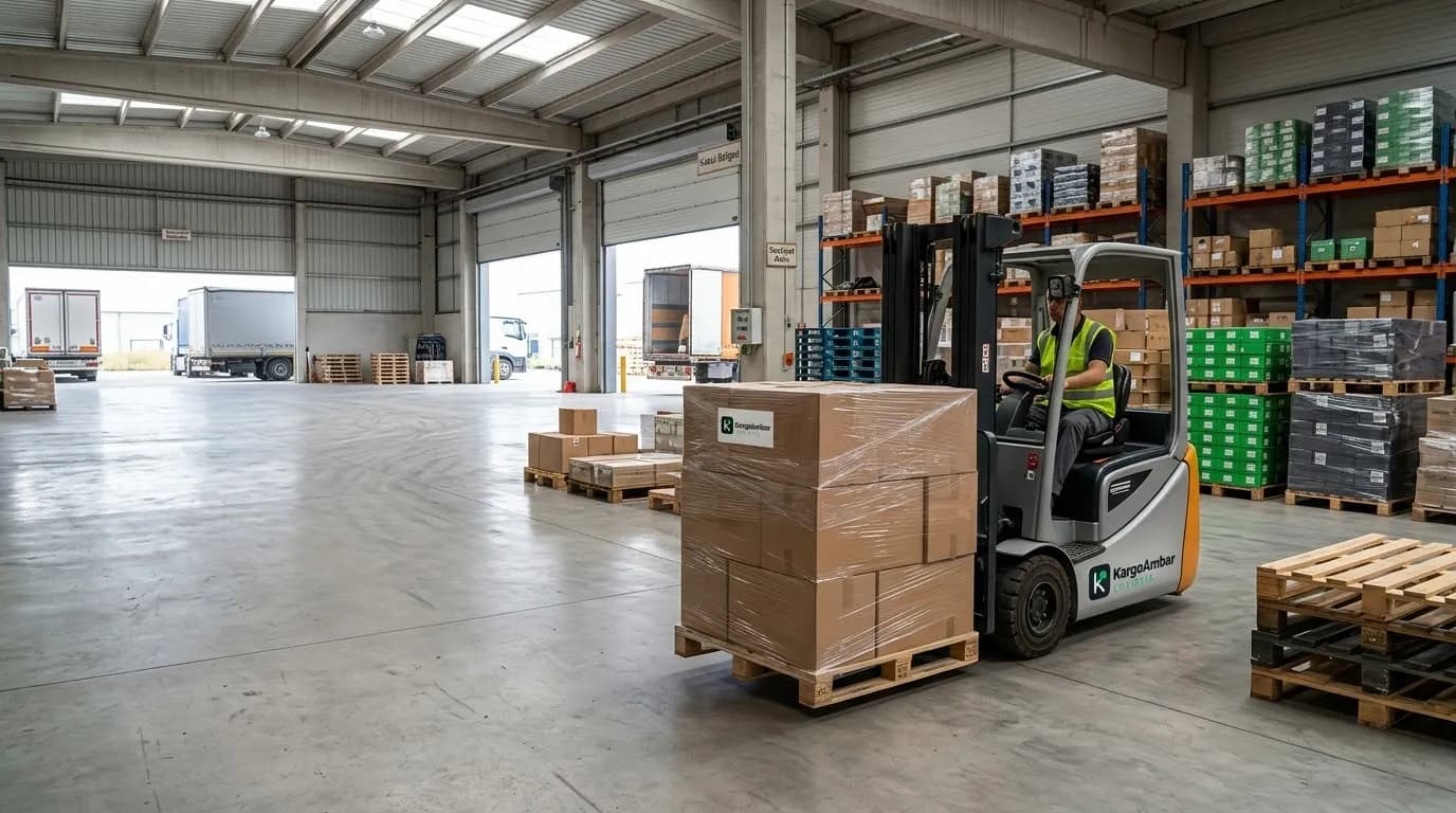 Depoda KargoAmbar forkliftiyle streç sarılı koli paleti taşınıyor