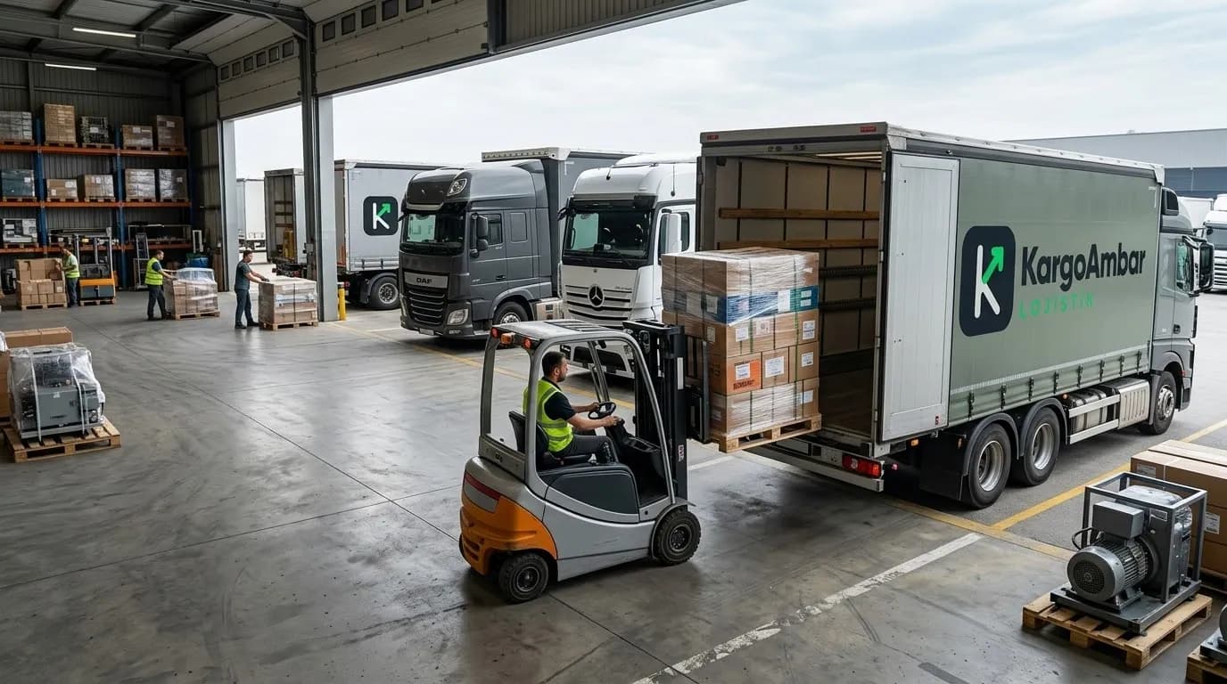 Lojistik deposunda forkliftle KargoAmbar tırına paletli koliler yükleniyor