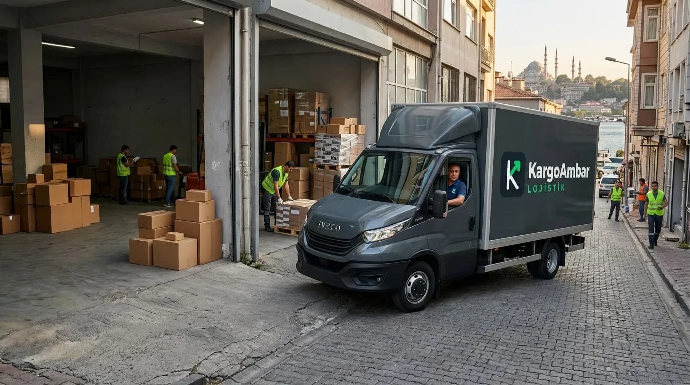 İstanbul'da depo önünde kapalı kasa KargoAmbar kamyonetine koliler yükleniyor – Pendik parsiyel taşımacılık