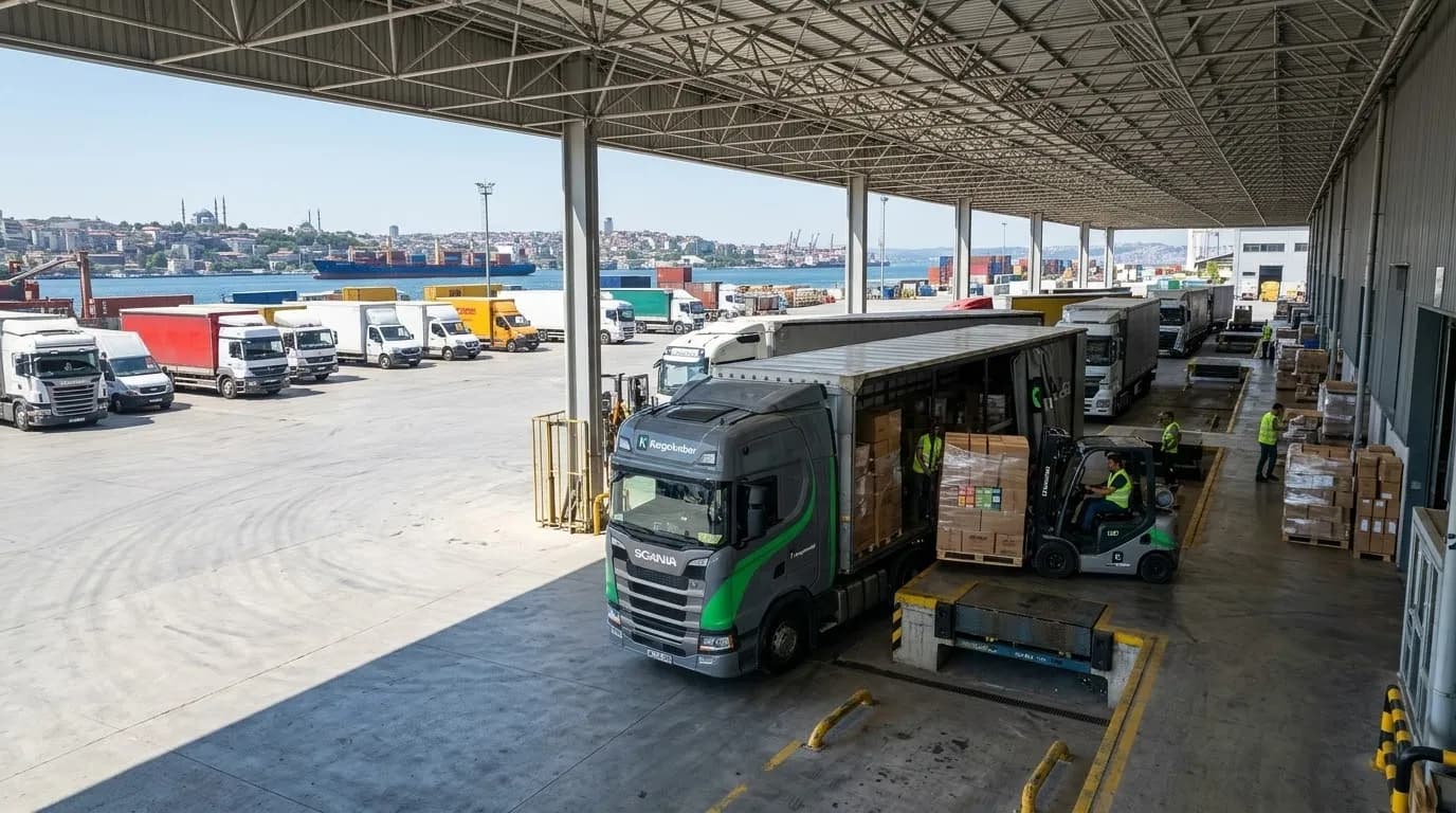 İstanbul liman bölgesindeki aktarma merkezinde KargoAmbar tırına forkliftle paletli yük yükleniyor