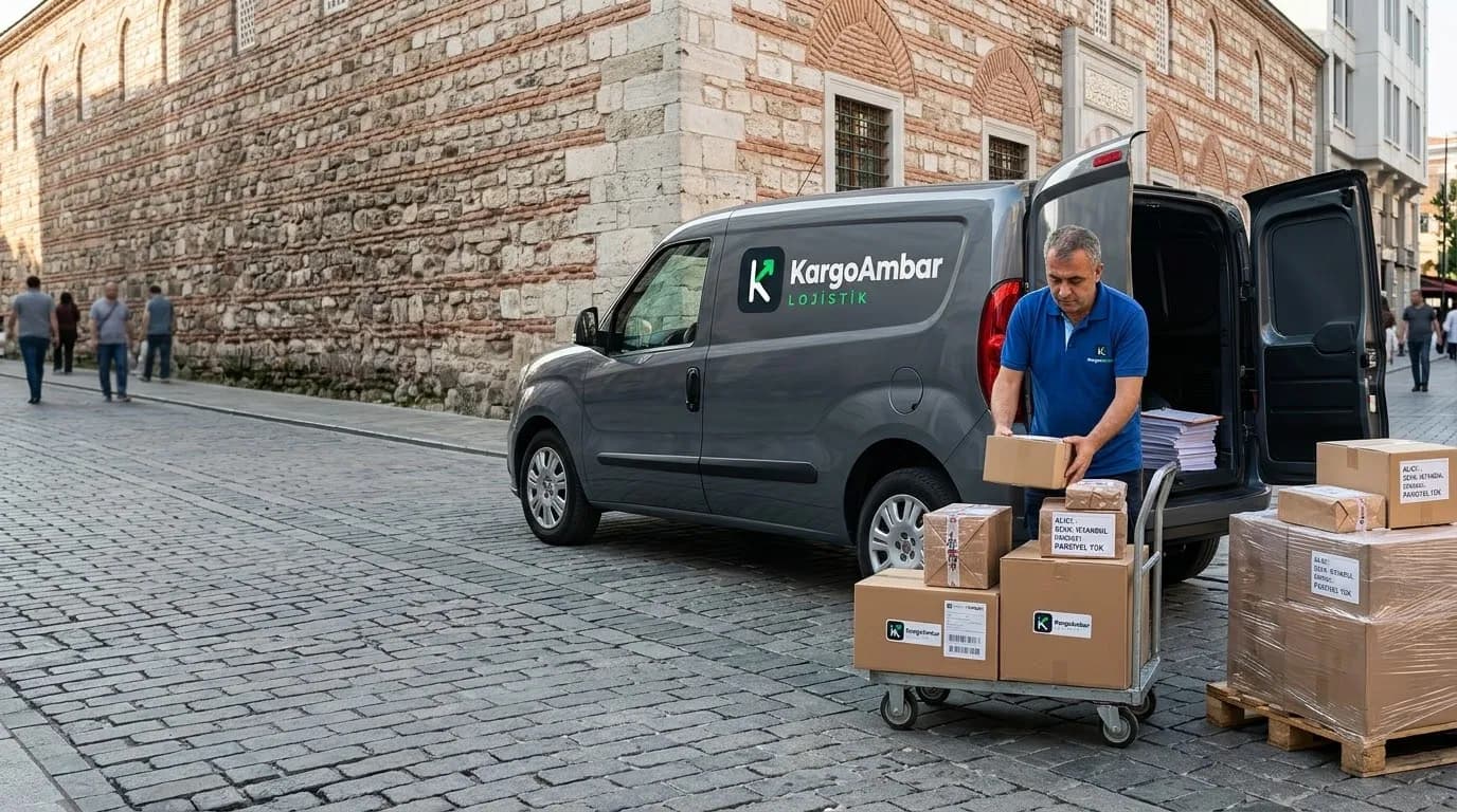 İstanbul'da tarihi sur önünde KargoAmbar aracından etiketli koliler teslim ediliyor – Bahçelievler parsiyel taşımacılık