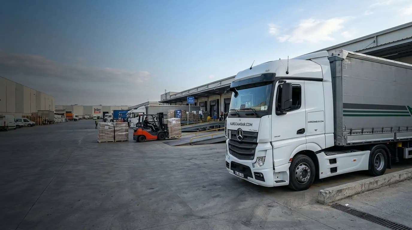 Lojistik merkezinin yükleme rampasında KargoAmbar tırı ve forkliftle taşınan koli paletleri