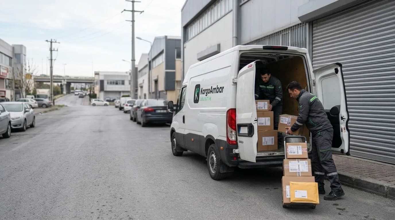 Sanayi sitesinde iki KargoAmbar personeli panelvana koli yüklüyor