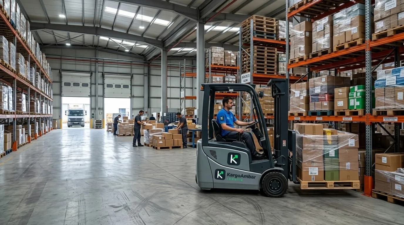 Raf sistemli KargoAmbar deposunda forkliftle paletli yük elleçleniyor